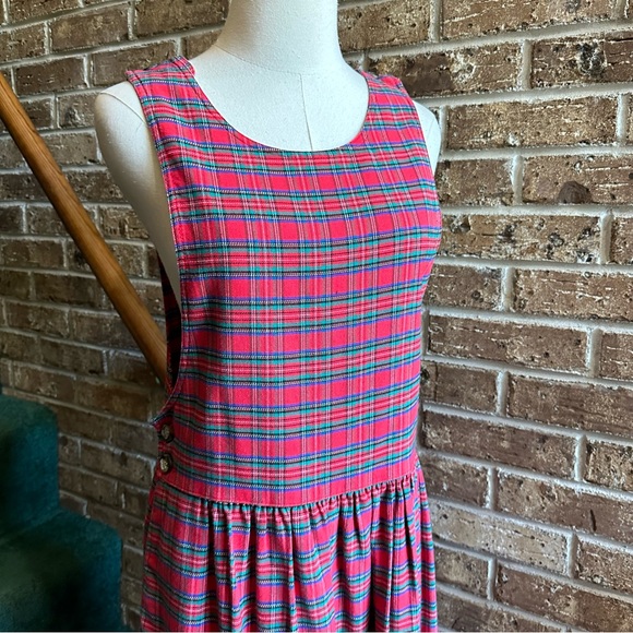 VTG 80s 90s Red & Green Plaid Christmas Holiday Pleated Midi Maxi Dress - Picture 2 of 10